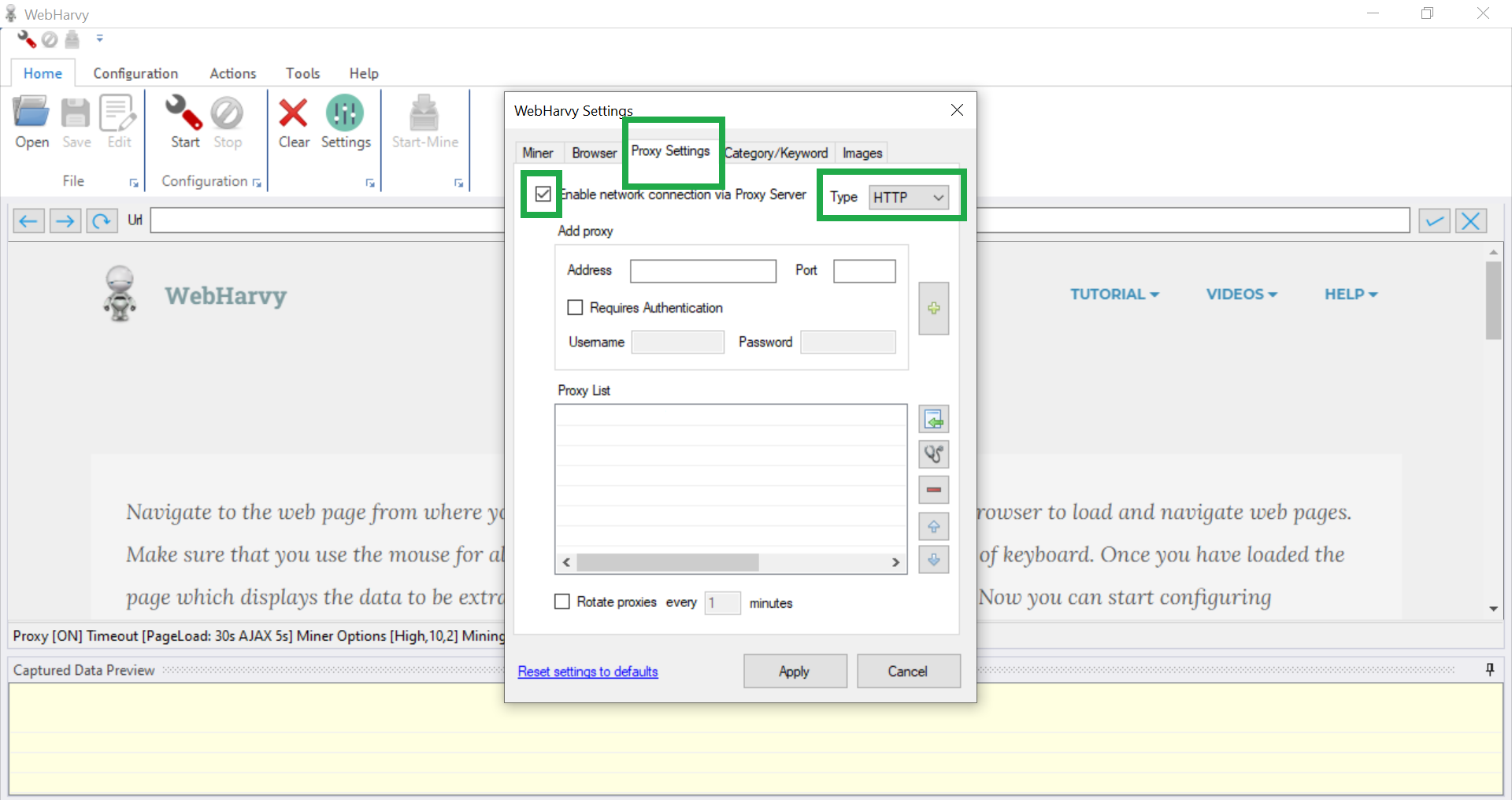 Proxy settings
